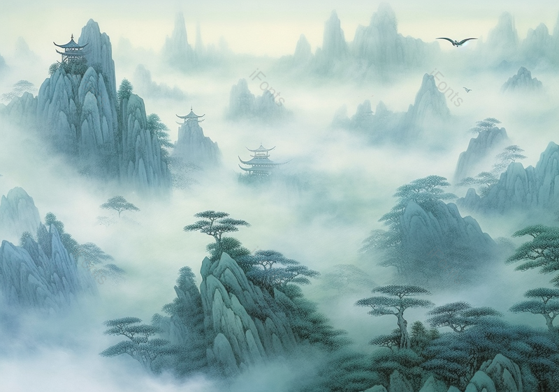 手绘国风意境飞鸟飞过山峰顶上的房屋建筑山水风景文艺插画,插画/手绘图,插画/手绘图库,插画/手绘图下载,插画/手绘